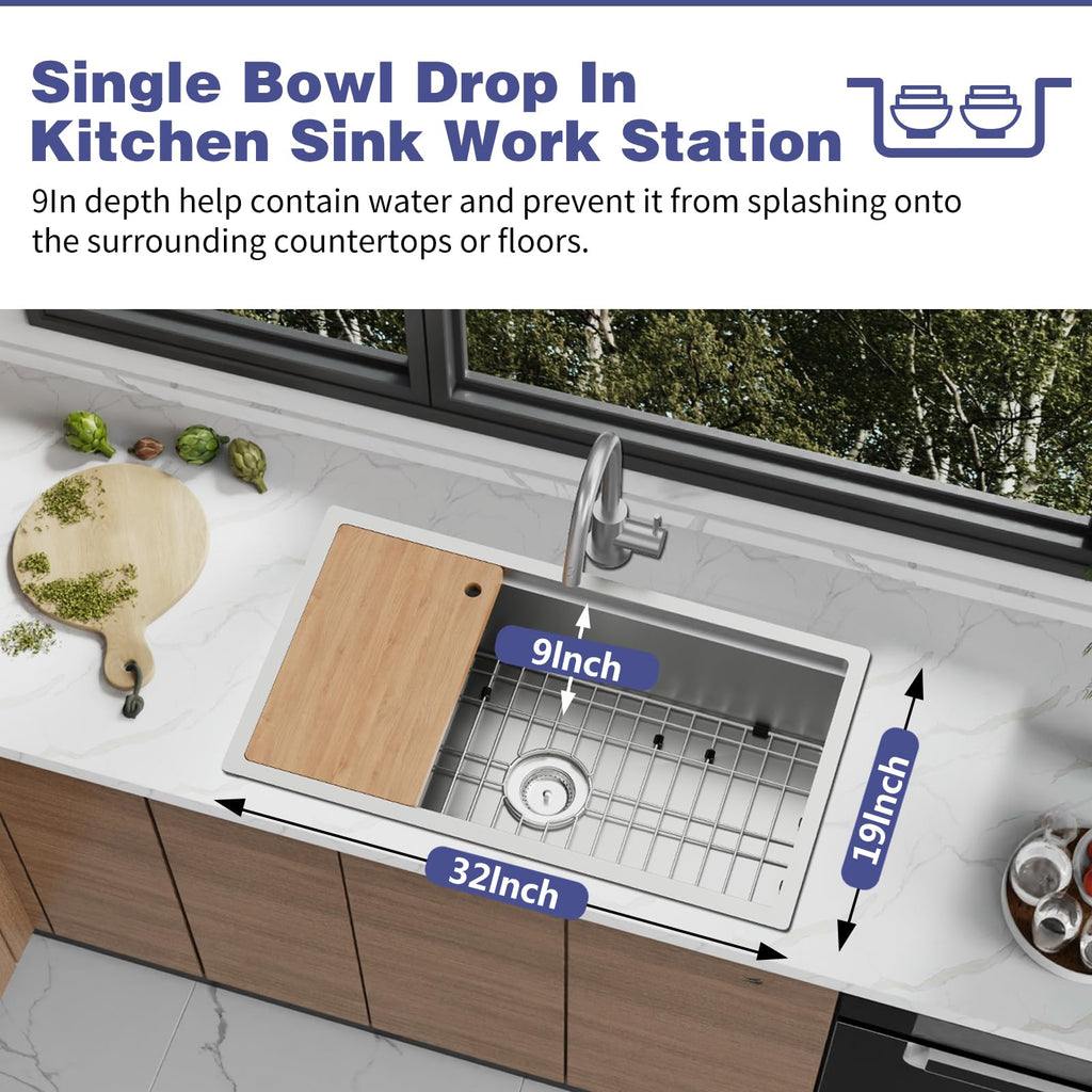 32x18 Inch Stainless Steel Kitchen Sink Workstation, Undermount, Single Bowl