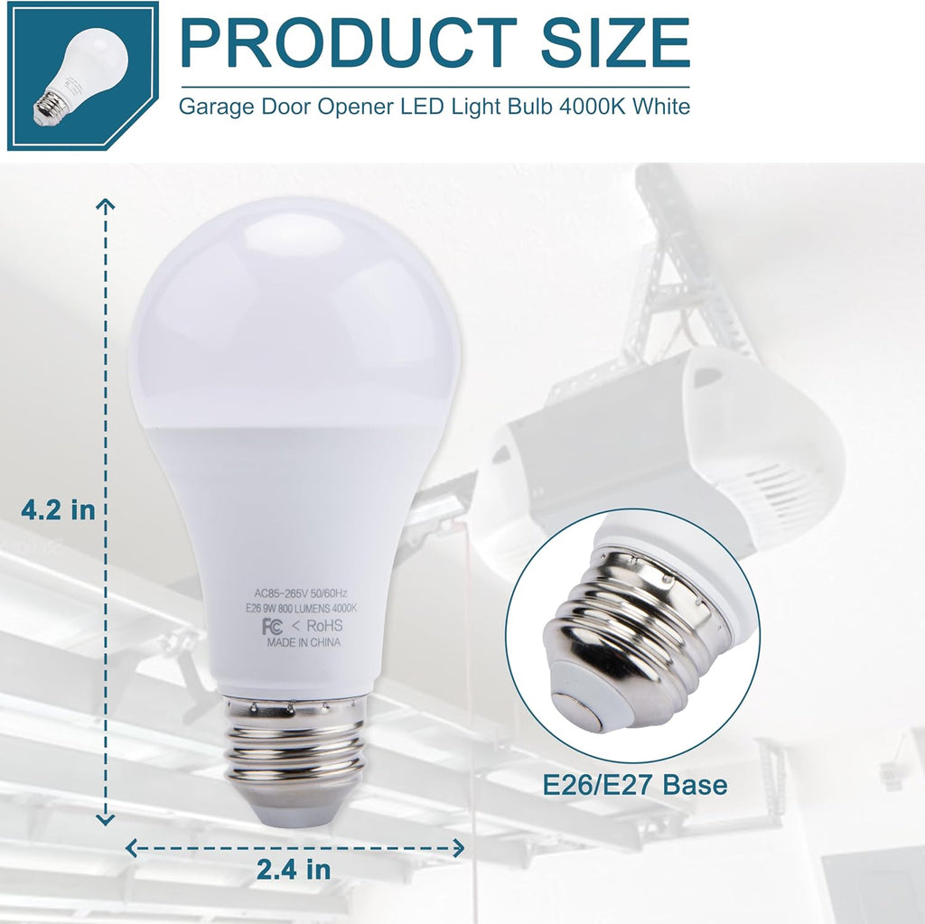 2 Pack 9W 800LM 4000K Garage Door Opener LED Light Bulbs A19 E26 Base White