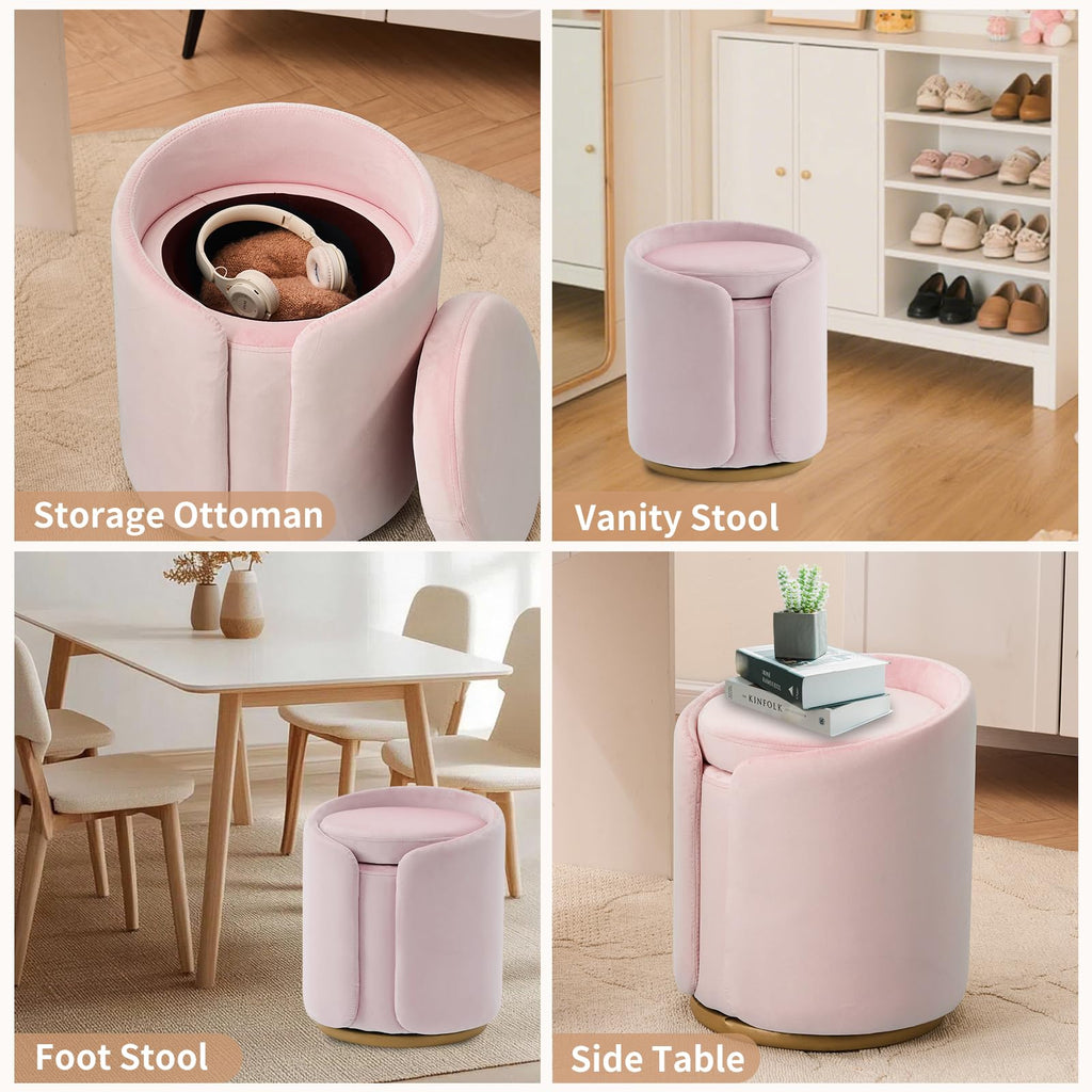Vanity Chair with Storage, Round Velvet Vanity Stool No Wheels, Swivel Ottoman Chair with Upholstered for Women