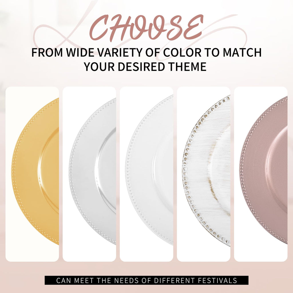 60 Pack Rose Gold Charger Plates, 13'' Round Beaded Plastic Plate