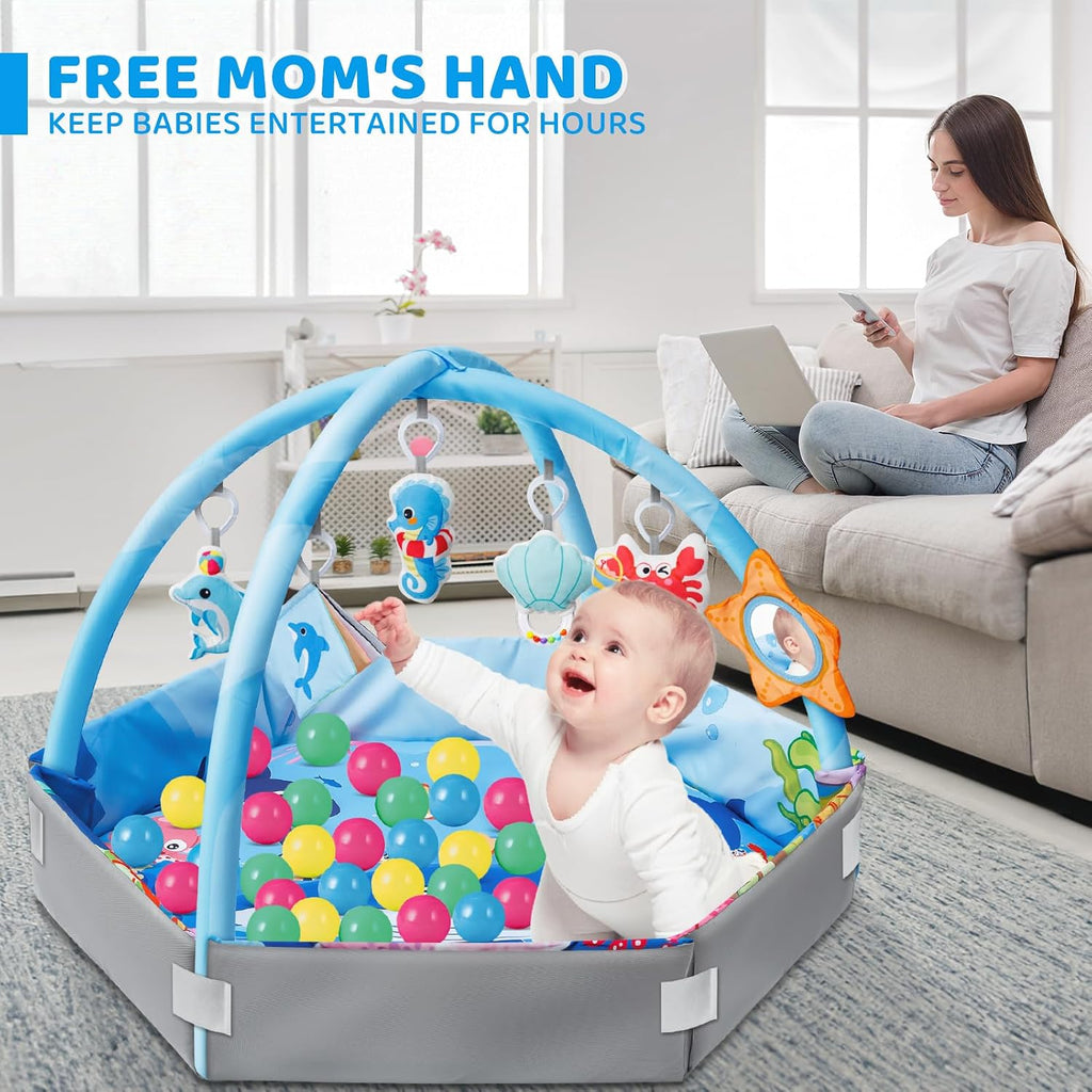 Gym Play Mat, in-1 Ocean Theme Tummy Time Mat & Ball Pit, Washable Baby Activity Play Mat for Visual, Hearing