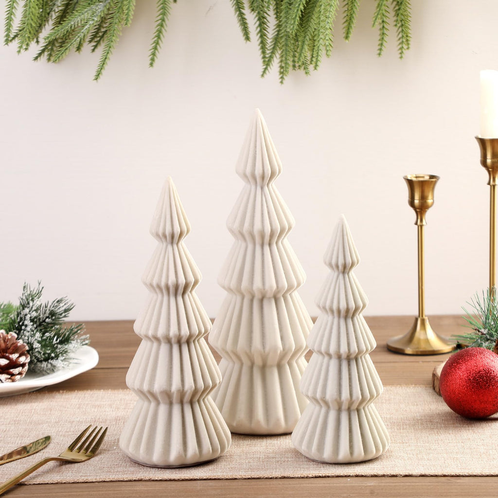 Set of 3 Velvet Ceramic Christmas Tree Decor, Cream White