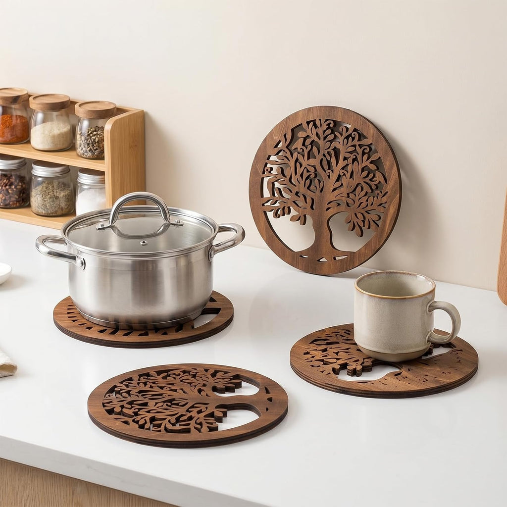 Wooden Trivets for Hot Dishes, Rustic Round Tree Trivet Set, Heat Resistant Hot Plate Holders for Pots, Pans - Set of 6