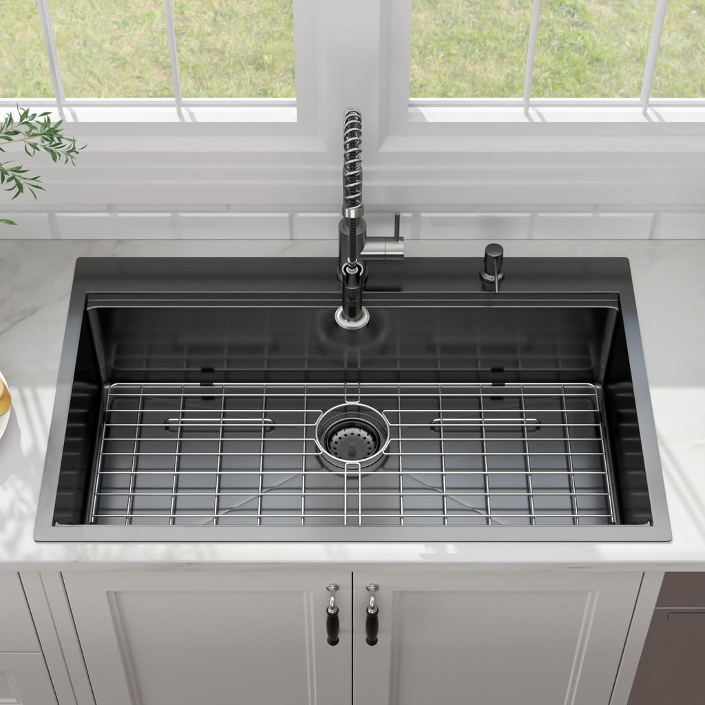 36 Inch All-In One Black Kitchen Sink with Pull-Out Faucet Workstation Drop In Large Single Bowl 304 Stainless Steel