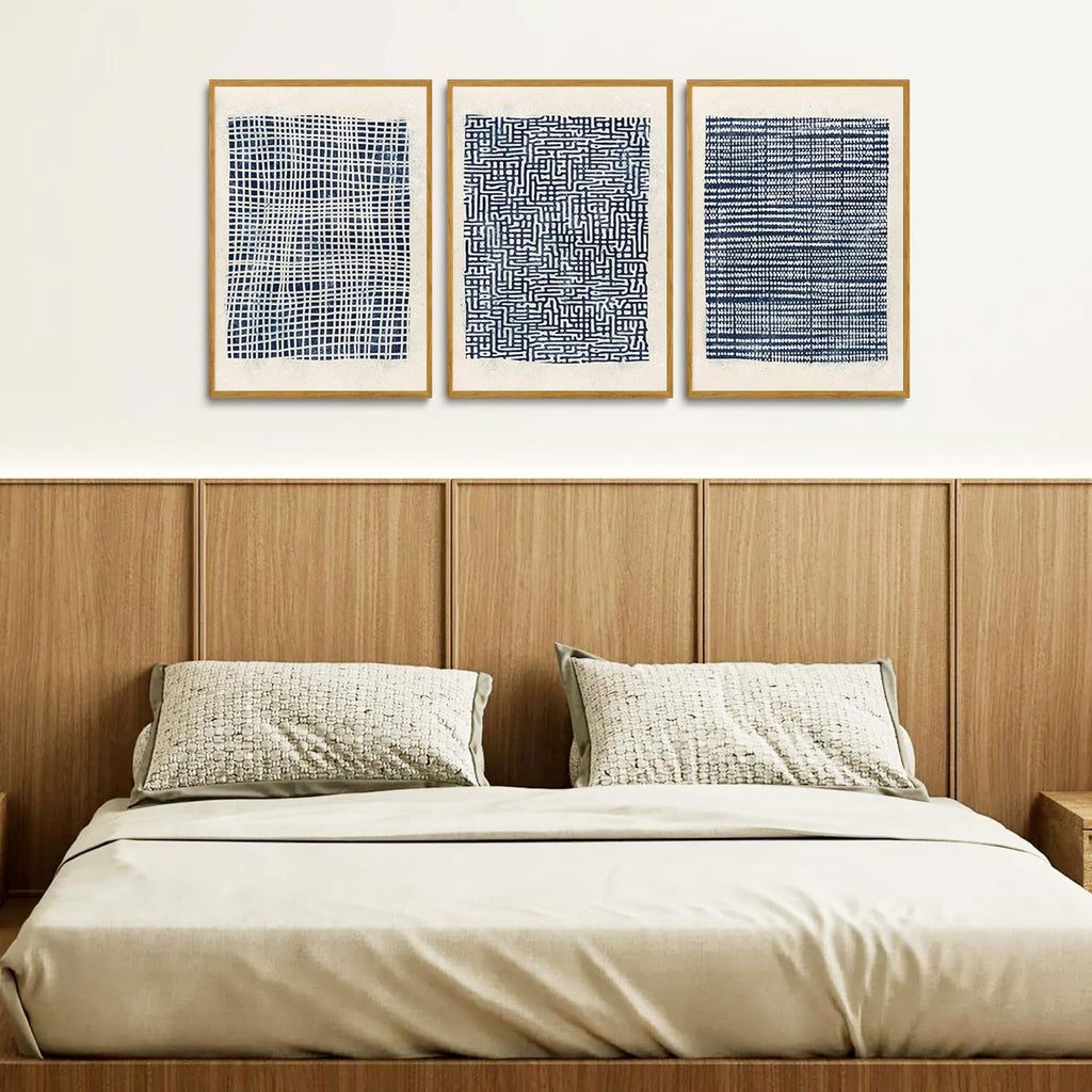 Modern Abstract Framed Navy Blue Canvas Wall Art Prints Set of 3 Boho Mid Century, Paintings Pictures Wall Decor