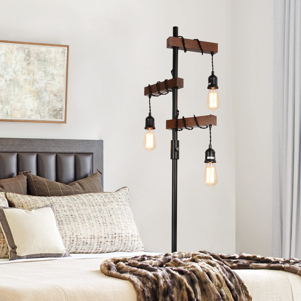 Dimmable Industrial Floor Lamp, Farmhouse Tree Floor Lamp, 68 Inch 3 Lights Wood Standing Lamp, Sturdy Base Tall