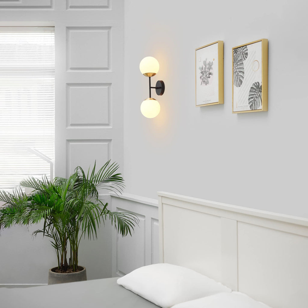 2-Light Wall Sconce, Matte Black, Antique Brass Accent Socket, Matte Opal Glass Shades, Modern Light, Dimmer Switch