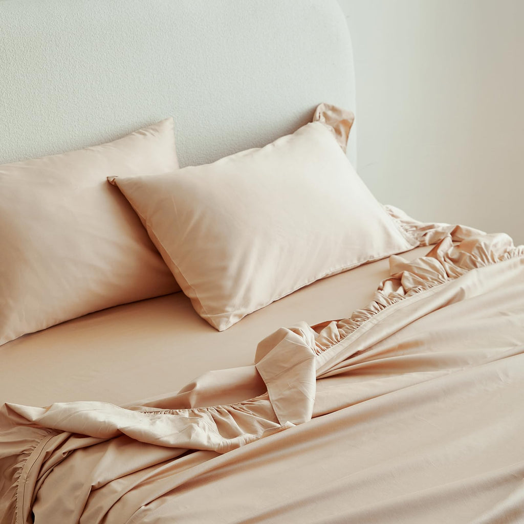 100% Organic Cotton Sheet Set, Long Ruffle Bed Sheets (1 Flat Sheet, 1 Fitted Sheet and 2 Pillowcases) Elegant Shabby
