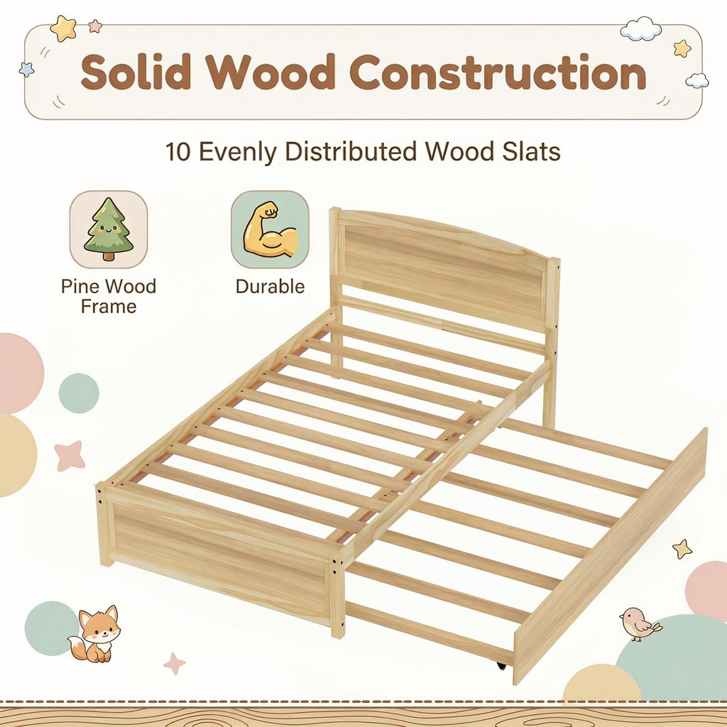 Daybed with Trundle, Twin Size Pull Out Bed, Solid Wood Extendable Day Bed with Trundle, Include Slat Support