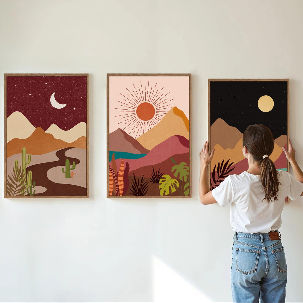 Boho Desert Framed Canvas Wall Art Set of 3, Colorful Sun and Moon Art Prints, Bohemian Modern Cactus Art Paintings