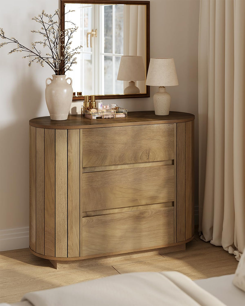 Large Nightstand, Oversized Night Stand with Drawers, Slatted Side Design Wood Nightstand, 35" Wide End Tables