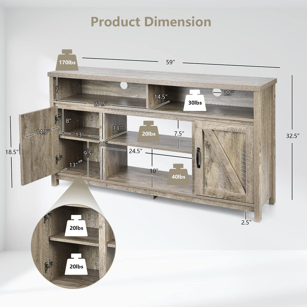 Modern Farmhouse TV Stand with Double Barn Doors, 59 inch TV Storage Cabinet for TVs Up to 65 Inches, Adjustable