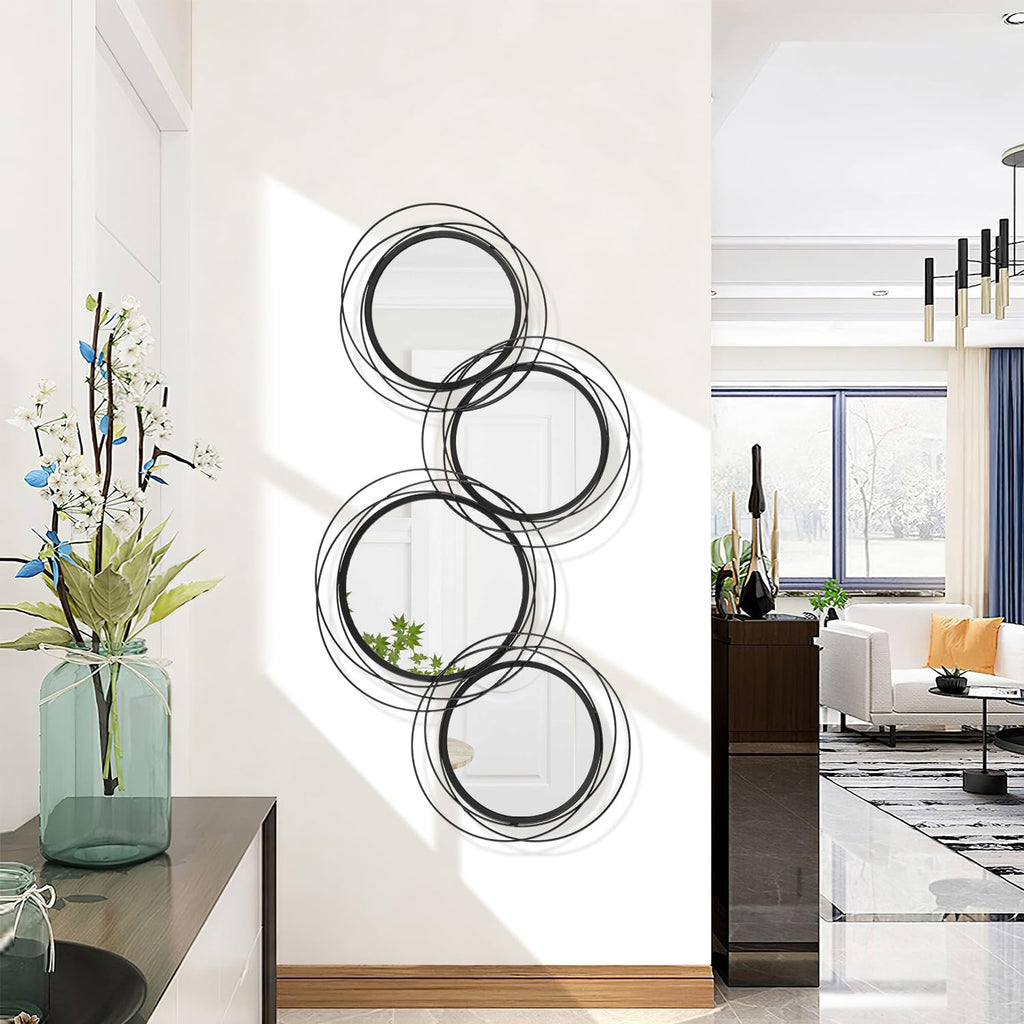 Black Wall Mirror Set, Metal Framed Round Mirror 4 Pack Circle Modern Decorative Mirrors Bedroom Bathroom Entryway