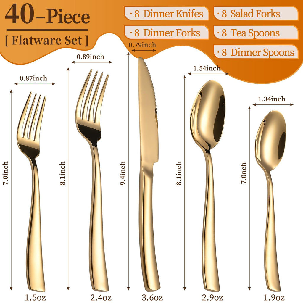 Gold Silverware Set, Heavy Duty Stainless Steel Flatware Cutlery Set Service for 8, Food-Grade Utensil Sets