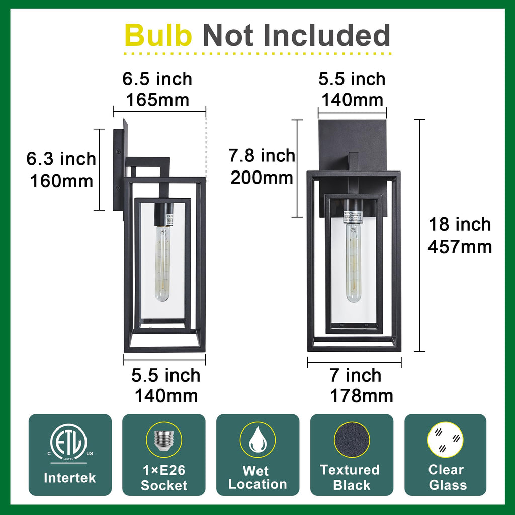 18"Ht Modern Industrial Outdoor Wall Light Fixture with Textured Black Anti-Rust Metal and Clear Glass, Wet Rated for