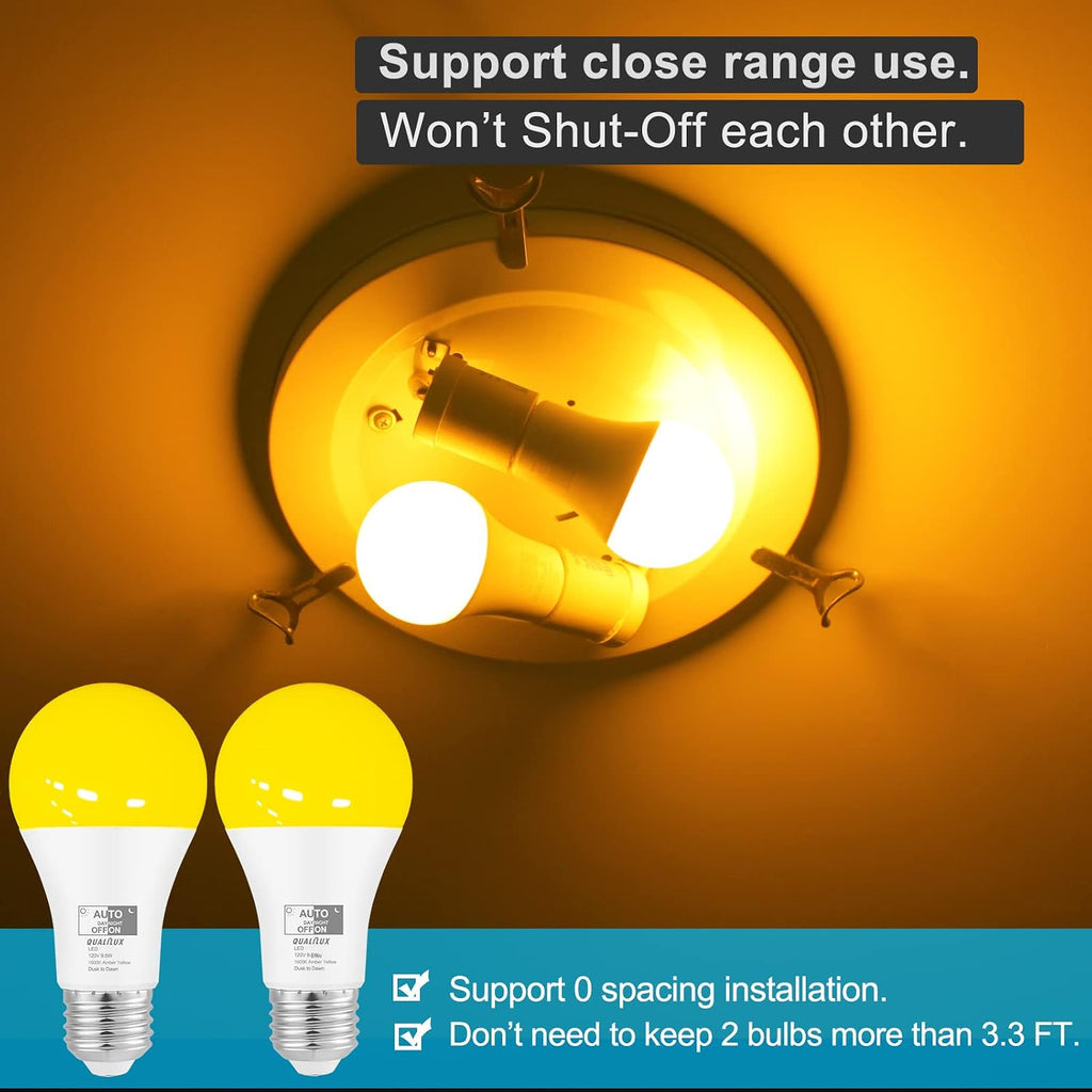 Dusk to Dawn A19 LED Bug Light Bulbs Outdoor, 1900K Amber Yellow, 600 Lumen, LED 9.5W, E26, 2-Pack, HQ-H017