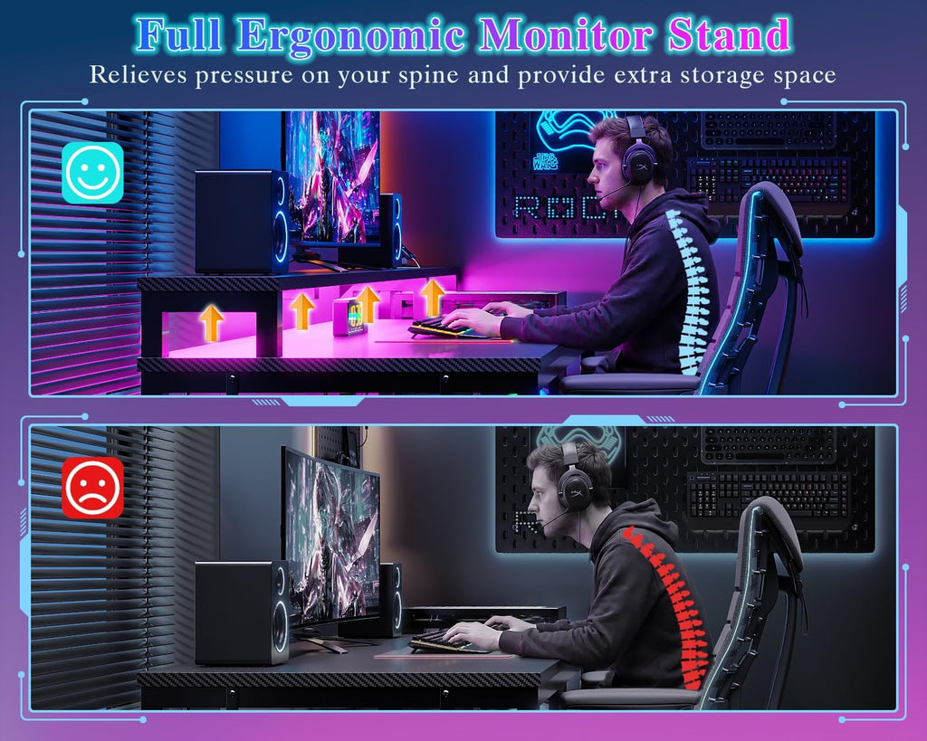 55" Gaming Desk with LED Lights & USB-C Port, Carbon Fiber Black | Reversible Large Computer Desk with 2 Fabric