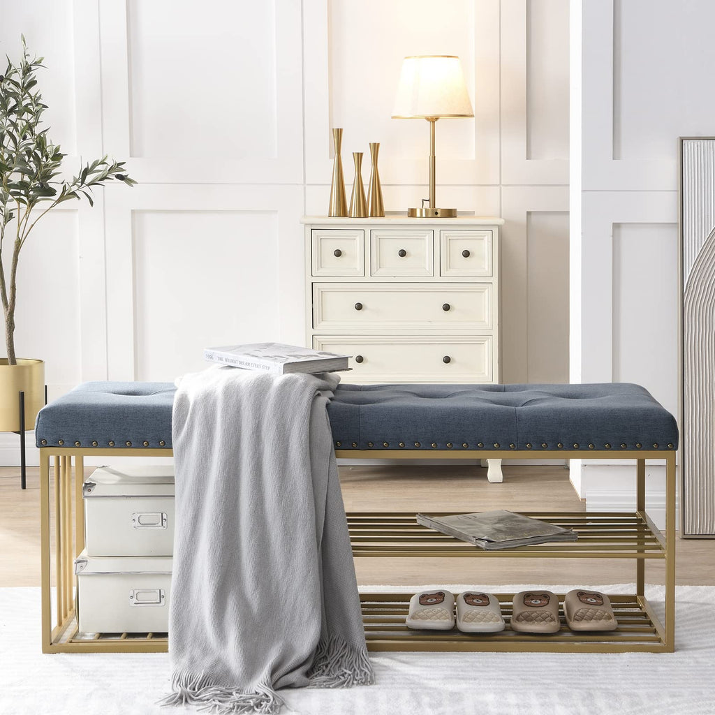 Upholstered Shoe Storage Bench-Nailhead Trim Linen Ottoman Bench with Shoes Rack for End of Bed Entryway Window