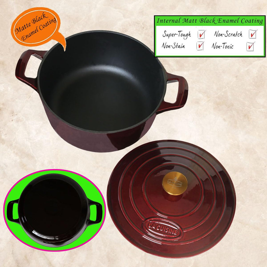 Enameled Cast Iron Dutch Oven Casserole Pot with Golden handle for Lid, Internal Matte Black Enamel Coating, 5 QT