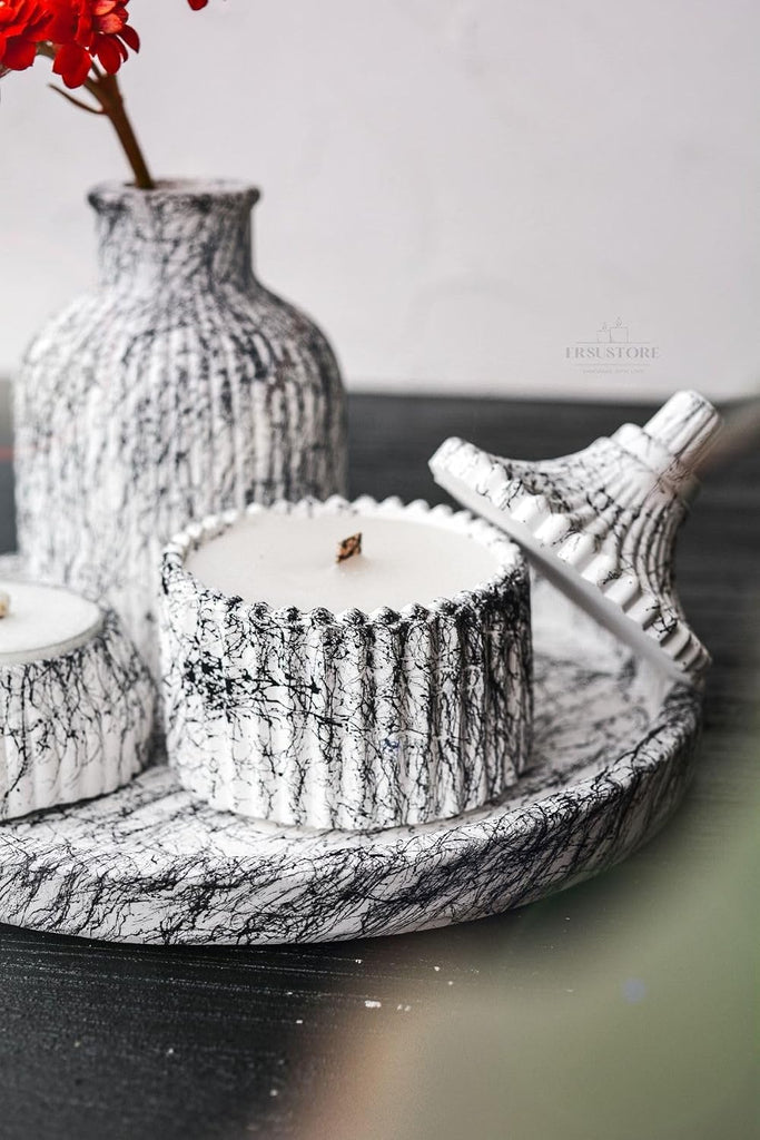 5-Piece Marble Pattern Decorative Concrete Vase and Vanilla Scented SOYA Wax Candle Holder Set - Includes Tray and