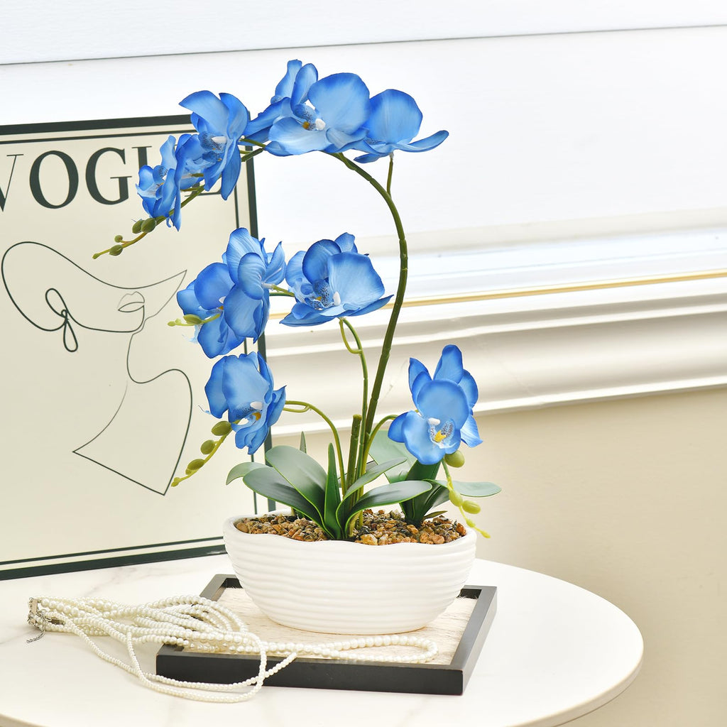 Large Silk Orchid in Wave Pot 19" Phalaenopsis Centerpiece for Table, Blue