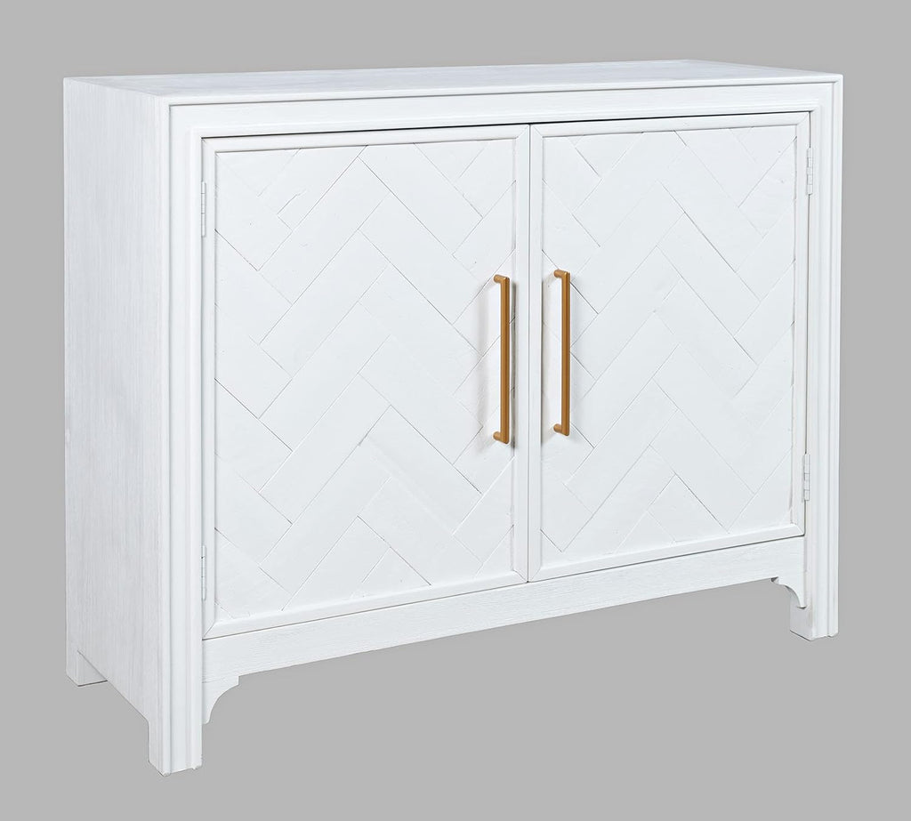 Accent Chest with Two Doors, Acacia Wood Chevron Cabinet Entryway, Mid-Century Modern Storage Sideboard, Blanc White