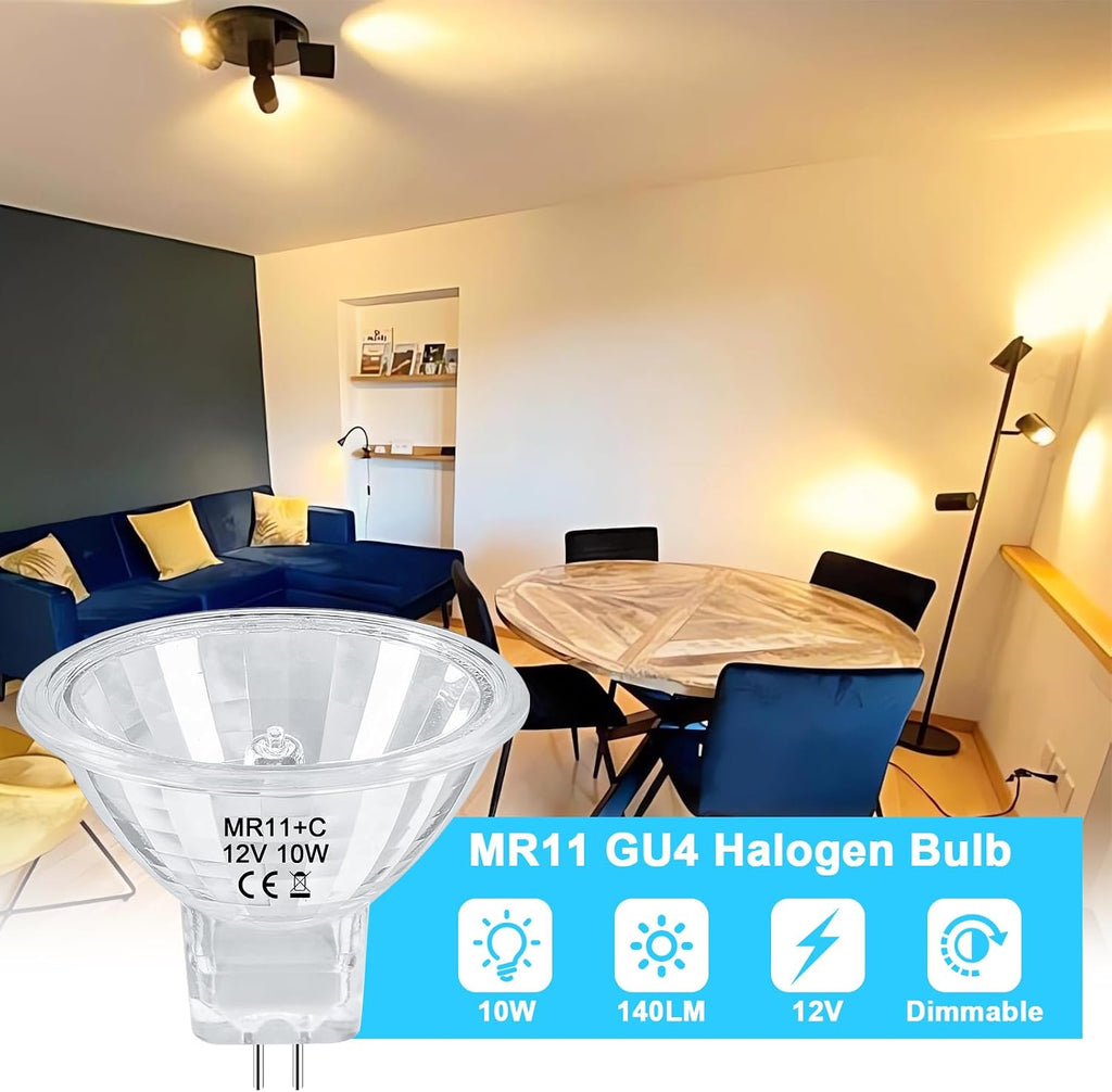 MR11 Halogen Bulb 10W 12V FTD Spotlight Bulb with Long Lifespan,GU4 Bi-Pin Base,Dimmable MR11 Bulbs with Glass Cover