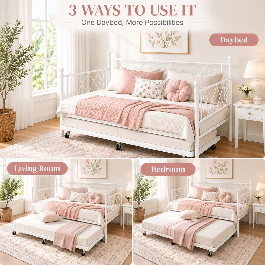 Daybed with Trundle, Trundle Bed Twin with Heart-Shaped Headboard, Sturdy Metal Day Bed with Steel Slat Support, Twin