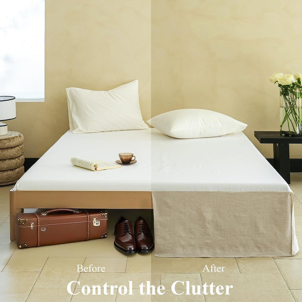 French Linen Bed Skirt with Classic 14 inch Drop Dust Ruffle, Tailored Draped Natural Flax Cotton Blend Basic Dust