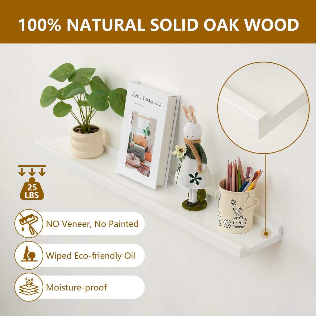 Oak Floating Shelves White for Wall 36 Inch (Upgrade Width 6"), Natural Wood Wall Shelves Display Picture Ledge Shelf