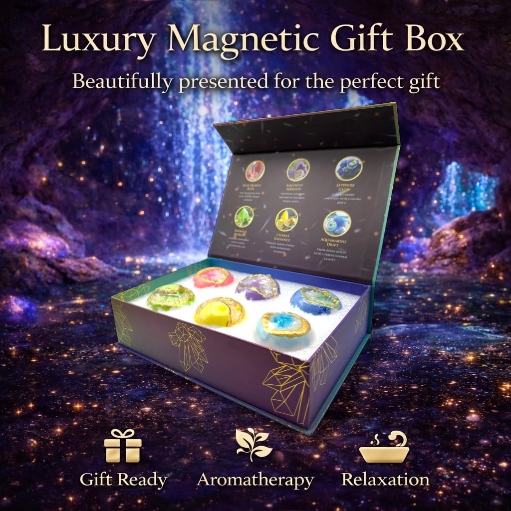 Luxury Bath Bomb Gift Set, 6 Large 3.35 oz Crystal Geode Bath Bombs, Scented Spa Fizzers in a Premium Magnetic Gift