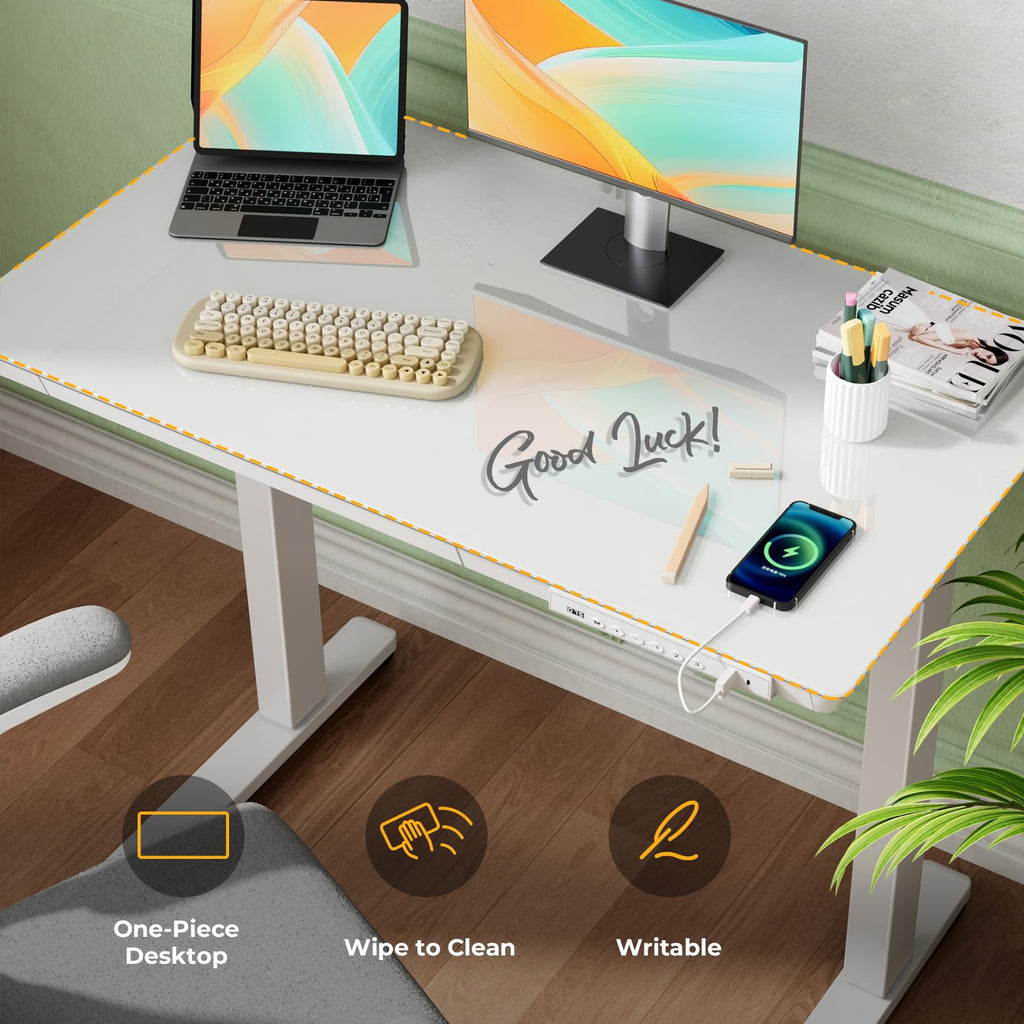 35" Electric Standing Desk with Drawer, One-Piece Glass Top