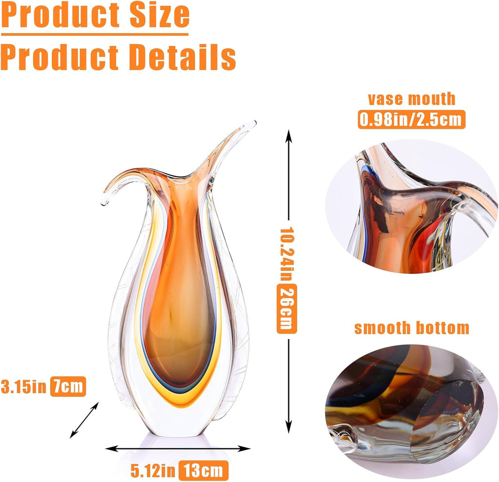 Hand Blown Glass Vase for Centerpiece, Murano Style Table Decoration, Orange Blown Art Glass Ellipse Flower Vase