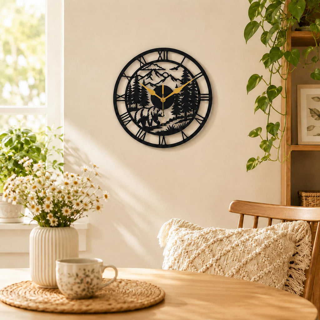 Metal Bear Wall Clock, Rustic Cabin Wall Clock, Mountain Wall Clock, Woodland Decor, Roman Numeral Wall Clock