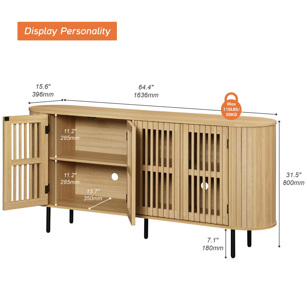 Large Sideboard Buffet Cabinet with Storage, 65" Mid Century Modern Credenza Storage Cabinet with 4 Fluted Doors