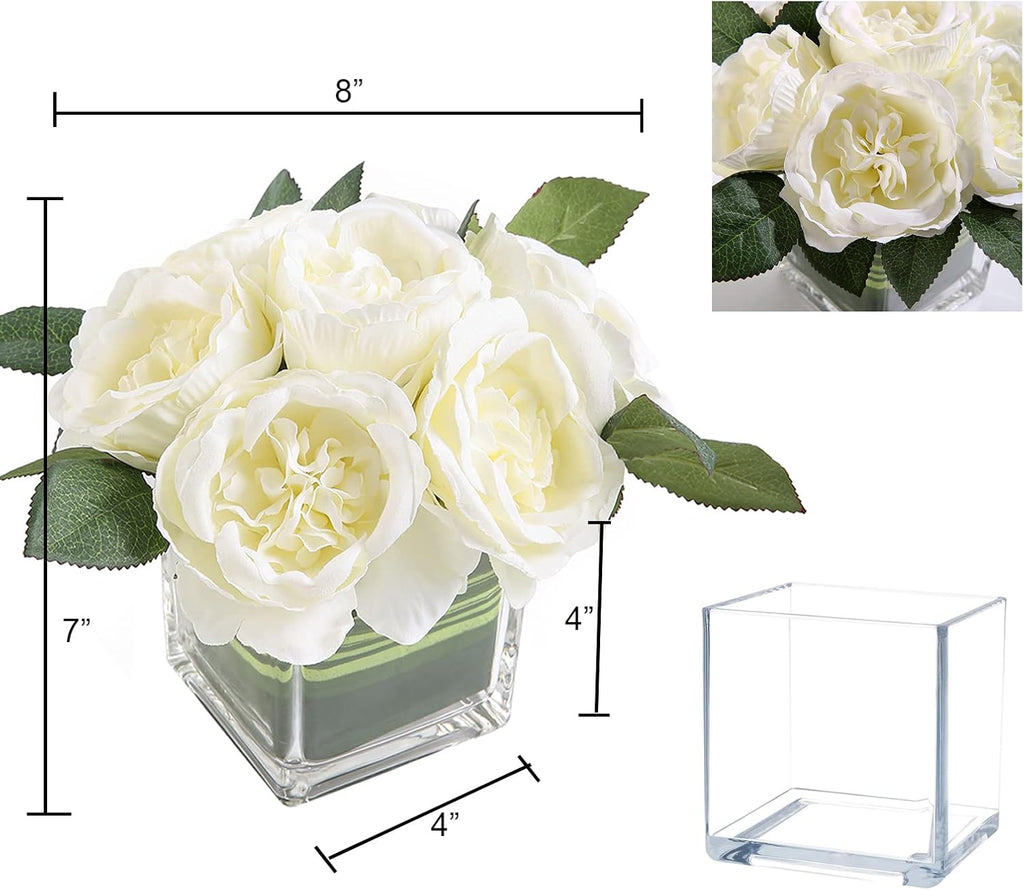 Artificial Peony Silk Flower Centerpieces Faux Floral Arrangement in Glass Vase Wedding Table Decoration (Cream)