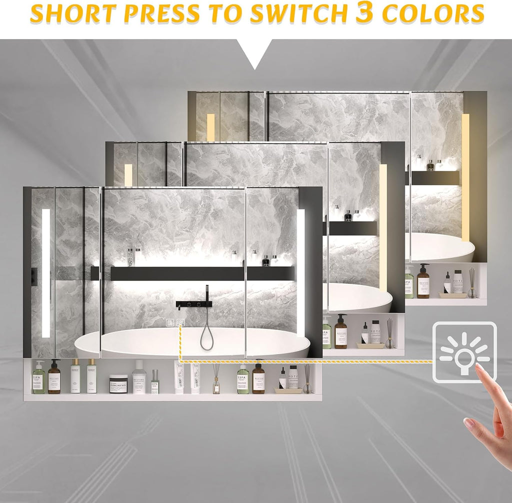 LED Medicine Cabinet with Mirror, 3-Color Dimmable Lighting & Anti-Fog, 2-Tier Hidden Storage + Open Shelf, Aluminum