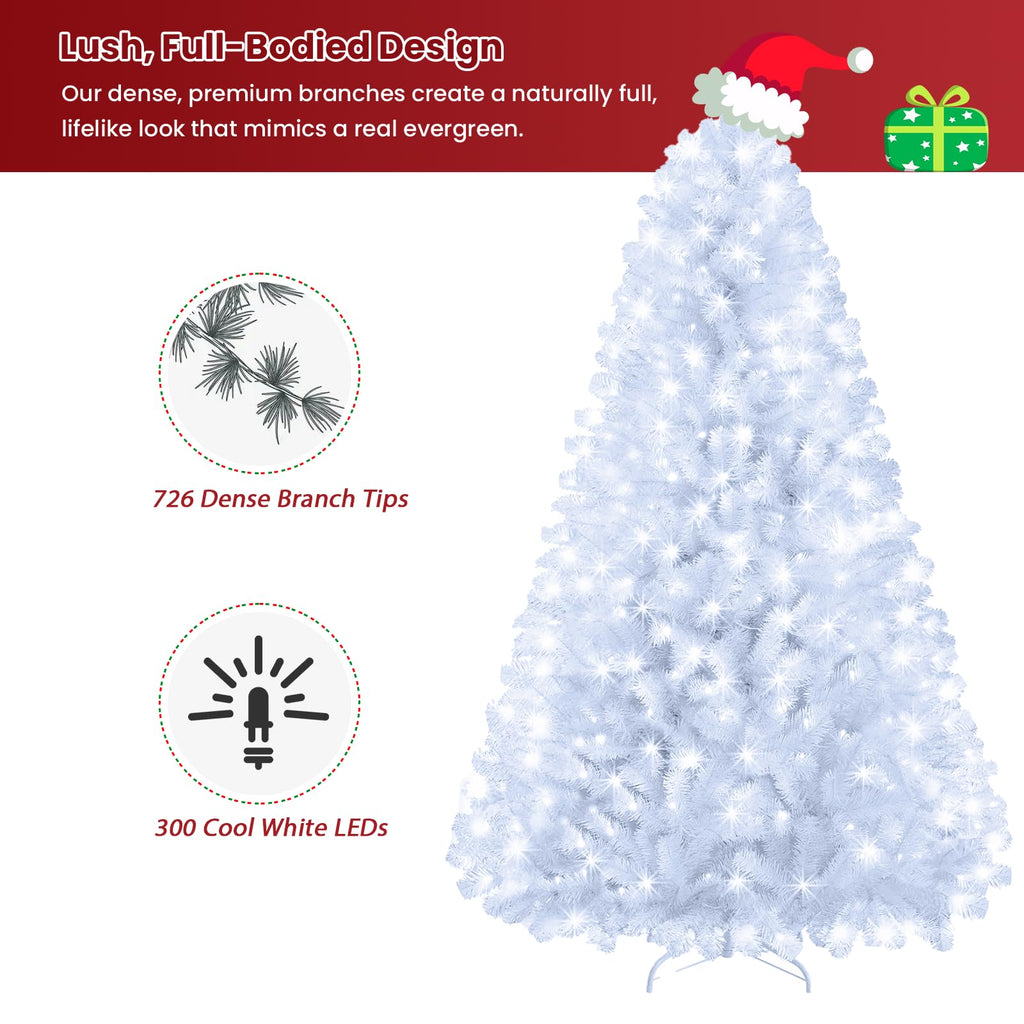 6ft White Prelit Christmas Tree with 300 LED White Lights, 726 Dense Branch Tips, Versatile Holiday Tree for