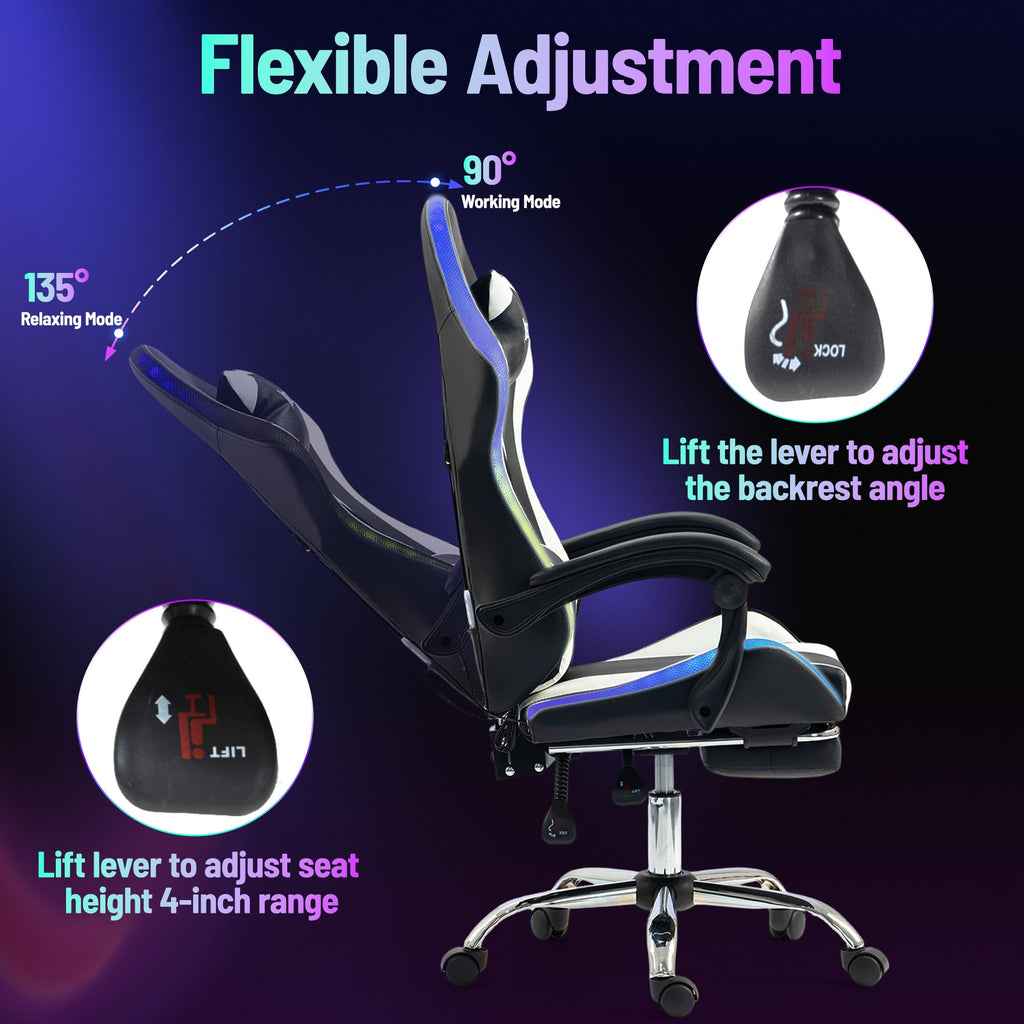 LED Lights Gaming Chair with Footrest, Black/White