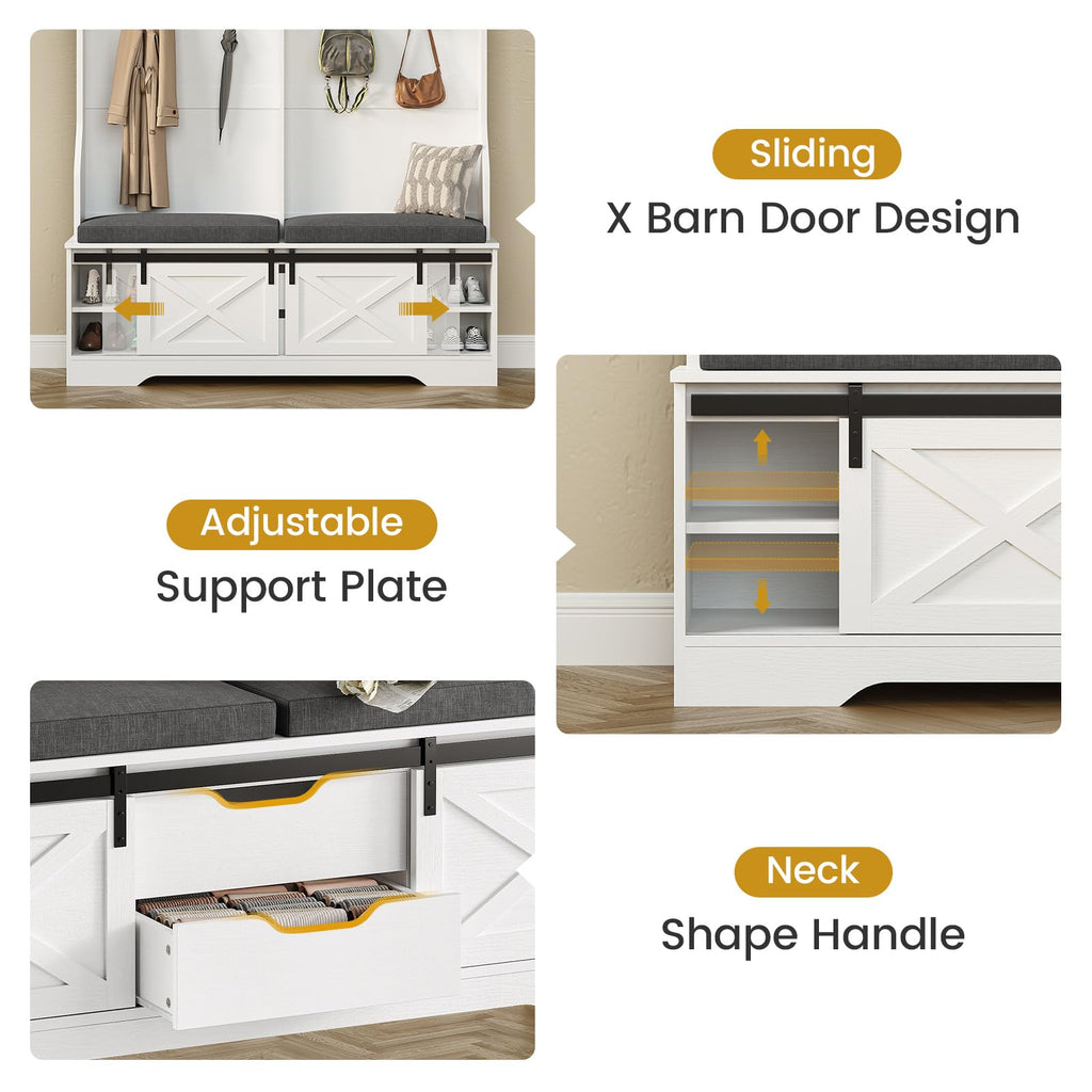 Hall Tree with Bench and Shoe Storage, Entryway Bench with Coat Rack, Modern Farm House Barn Door 3-in-1 Hall Tree