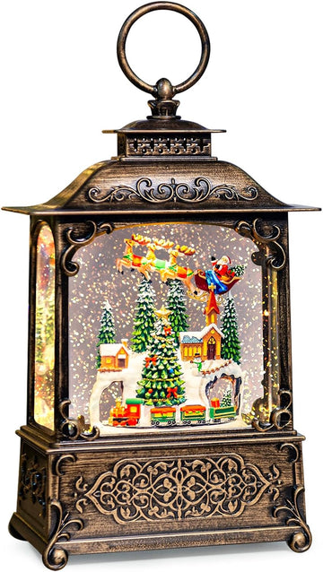 Christmas Snow Globes Lantern with Music, Winter Village Scene Snow Globes with Swirling Glitter Effects, USB/Battery