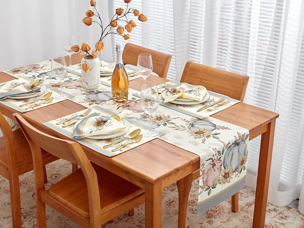 Blue Pumpkin Bordered Thanksgiving Tabletop, Stonewashed Fall Pumpkin and Sunflower Cottage Print Easy Care Fabric