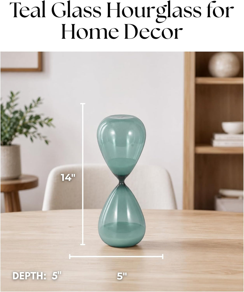 Bombara Teal Hourglass Decorative Object - Small Transparent Glass Sand Timer Modern Home Decor Accent - Shelf &