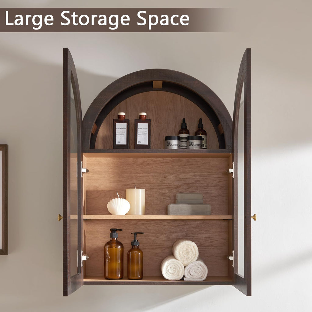 Bathroom Arched Wall Cabinet Medicine Cabinet, 23.5×31.4 Inch Bathroom Cabinet Wall Mount with Glass Doors &