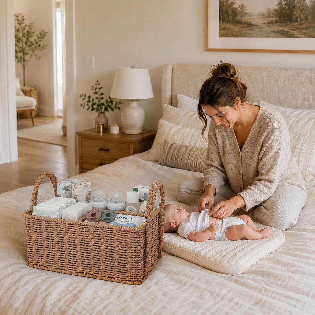 Diaper Caddy Organizer, Paper Rope Storage Baskets Nursery Bin with Removable Divider, Portable Car Organizer