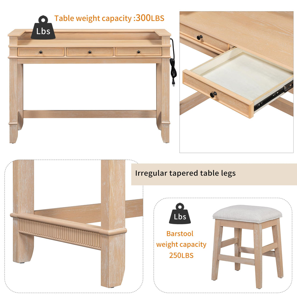 4 Piece Dining Table Set for 3, Counter Height Bar Table with 3 Upholstered Stools, Table & Chair Sets with 3 Storage