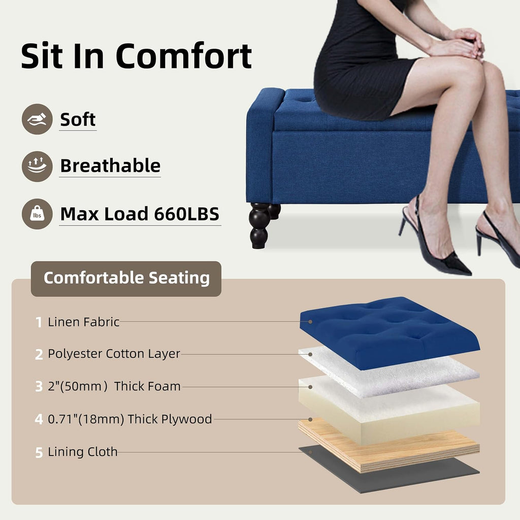 50" W Storage Ottoman Bench with Safety Hinge, Load up to 660 lb Ottoman with Storage, Upholstered Tufted Entryway