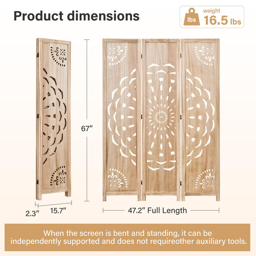 66.9Inch Wooden Room Partition - 3 Panels Boho-Styled Space Room Divider /Office, Headboard & Yoga/Photo/Video Call