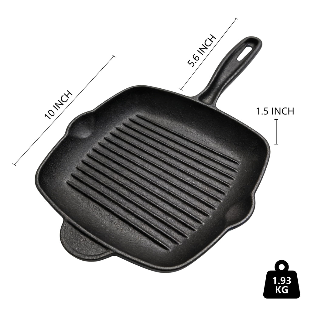 Cast Iron Square Grill Pan, Grilling Skillet Steak Pan, Works on All Cooktops Including Induction (10 inch)