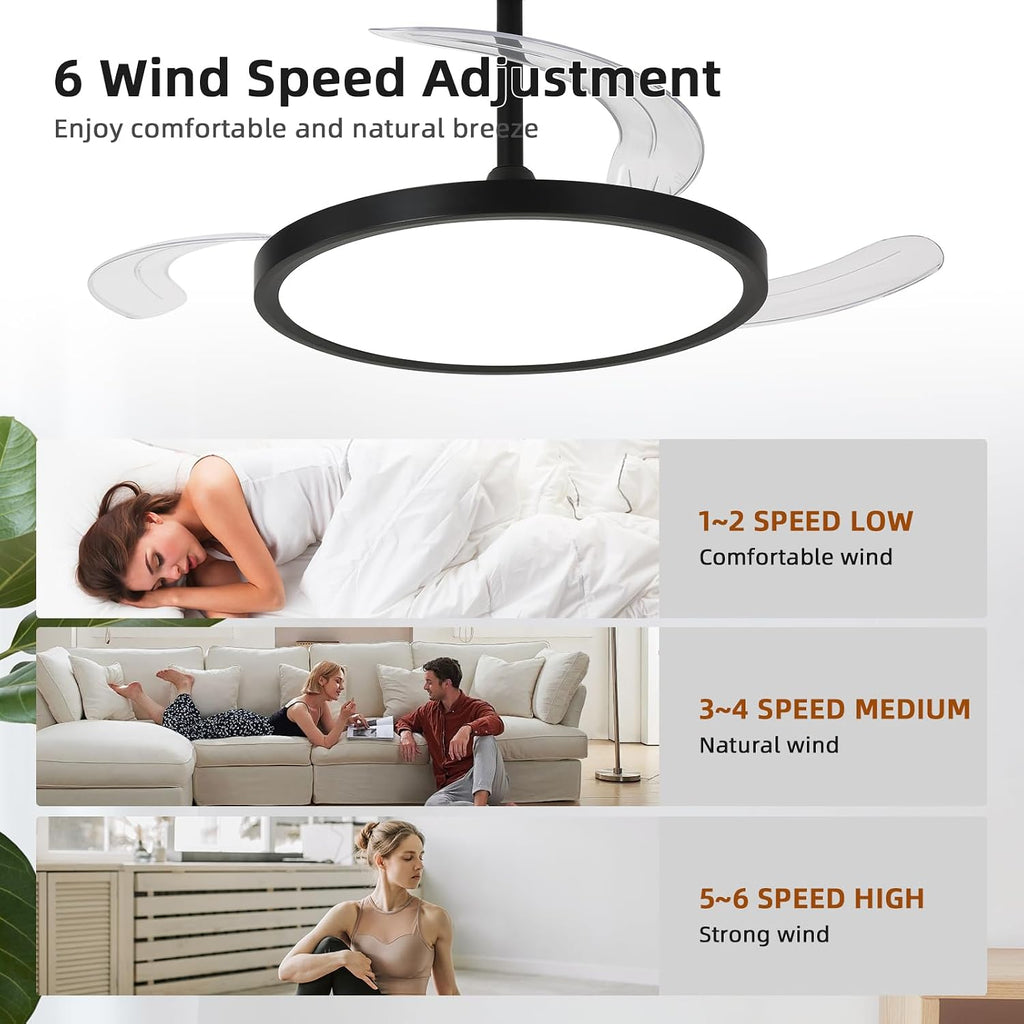 42 inch Retractable Ceiling Fan with Lights,6 Speed Dimmable Silent Fan,Modern Ceiling Fan with Light Remote Control